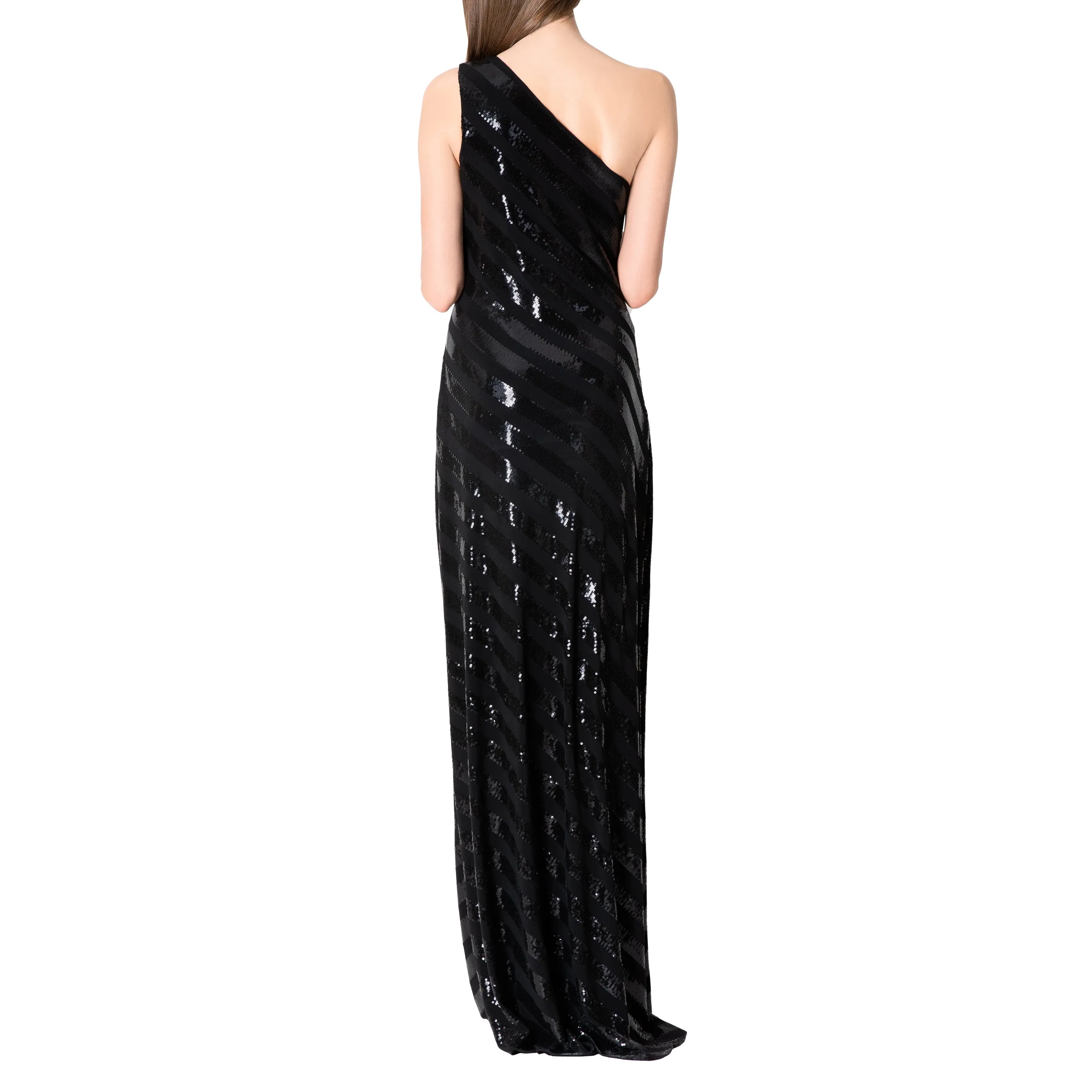 Black One Shoulder Sequine Stripe Gown