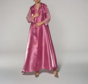 Dark Pink Silk Taffeta Beaded Sleeves Abaya