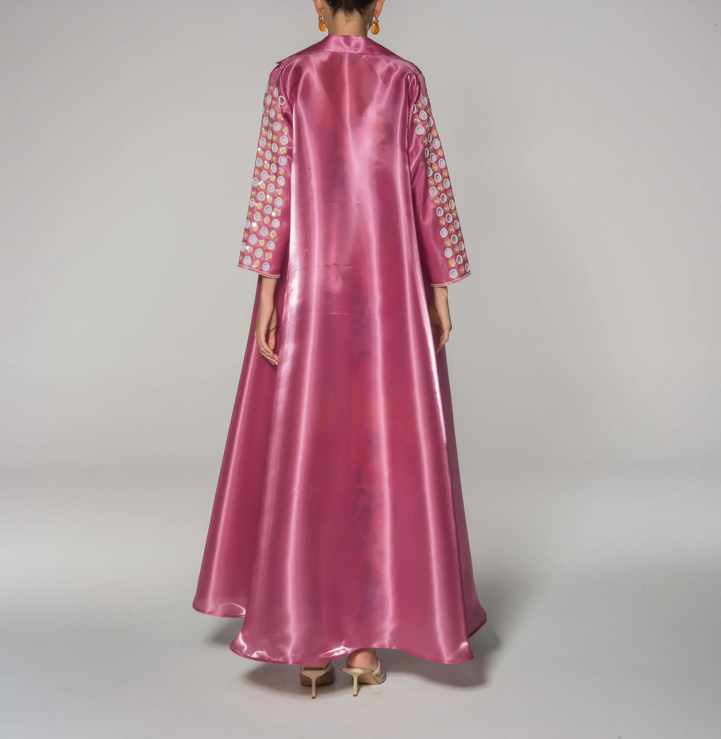 Dark Pink Silk Taffeta Beaded Sleeves Abaya