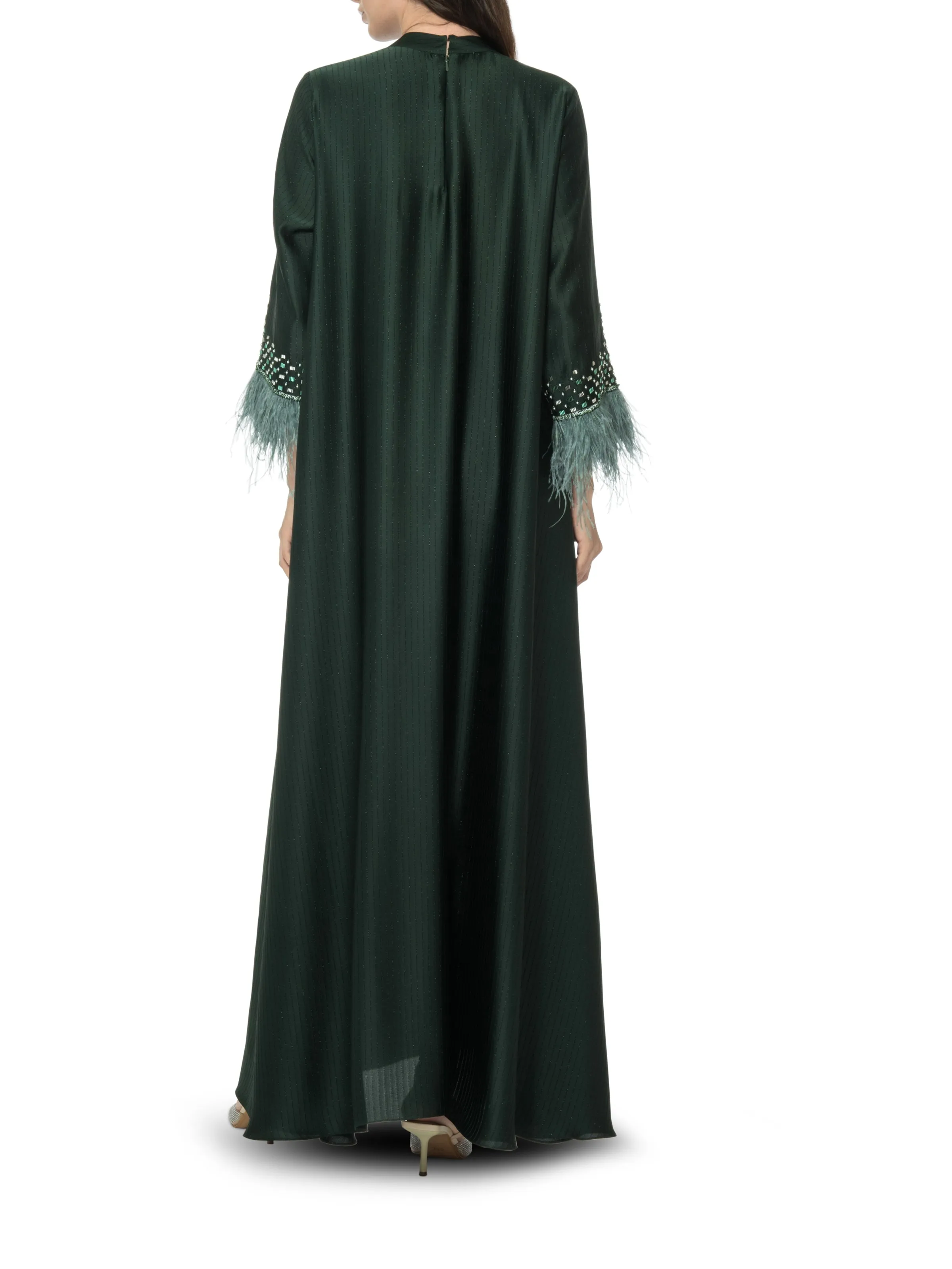 Forest Green Silk Embroidered Kaftan with Feather Embelishment