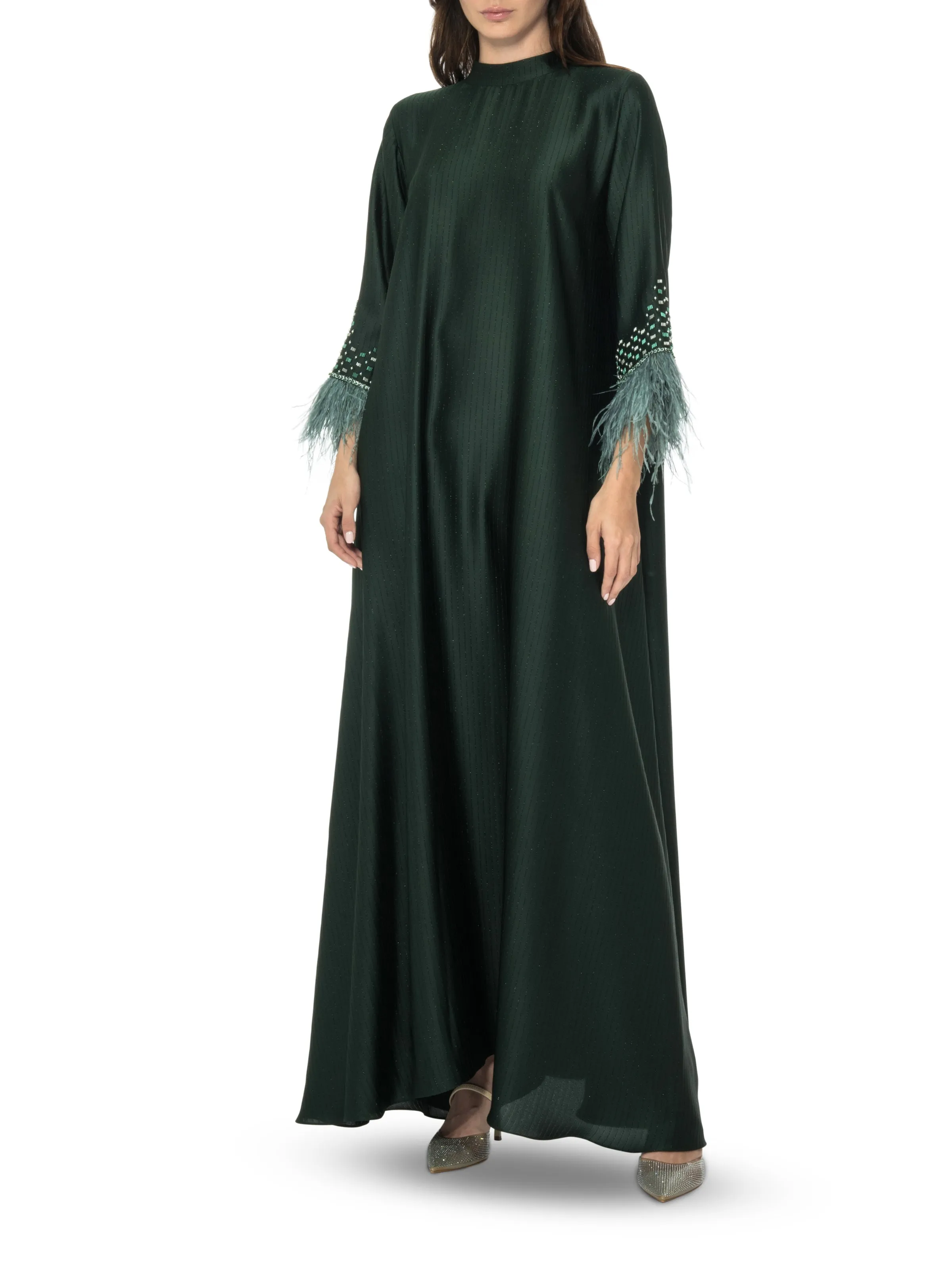 Forest Green Silk Embroidered Kaftan with Feather Embelishment