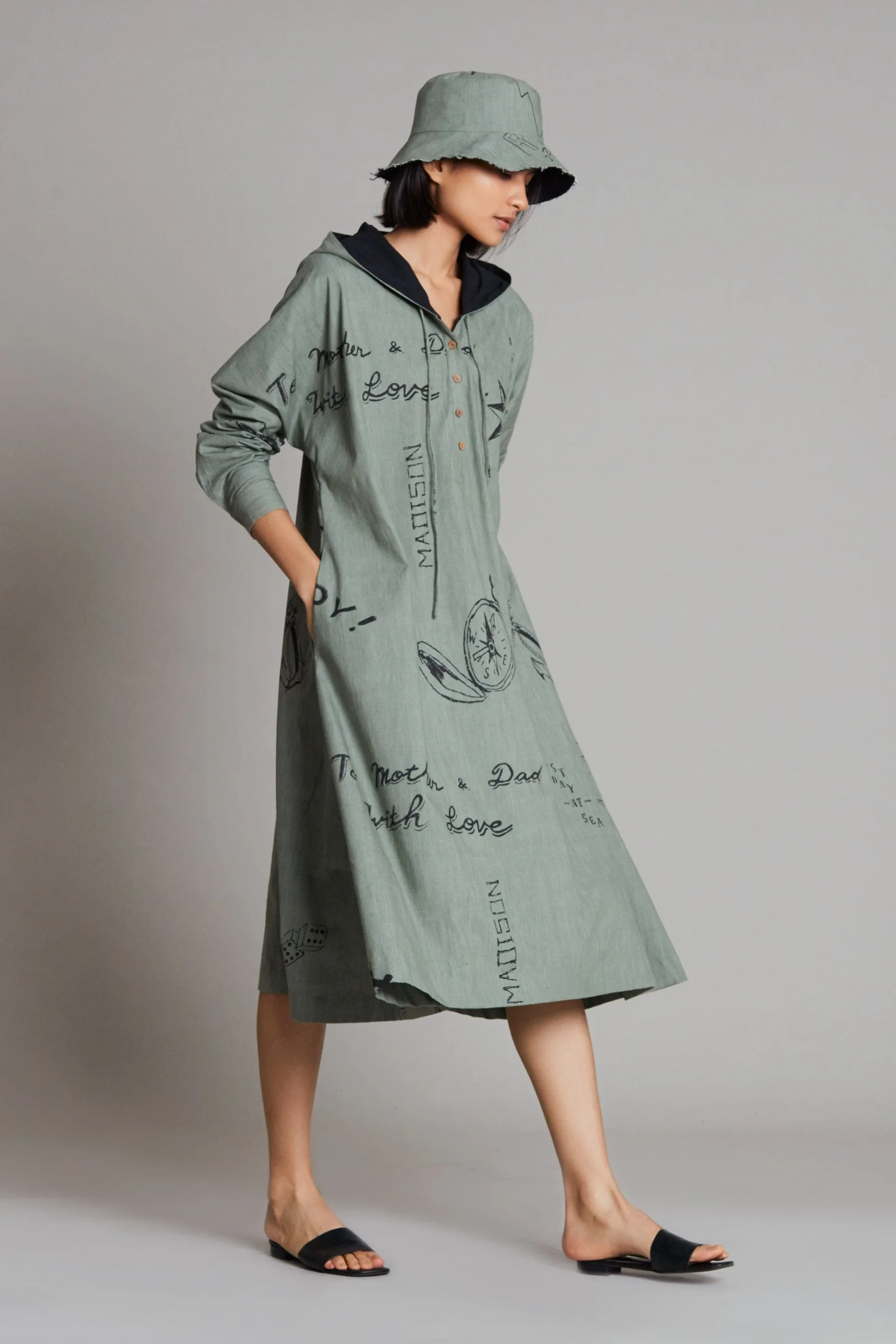 Green Denim Hoodie Dress