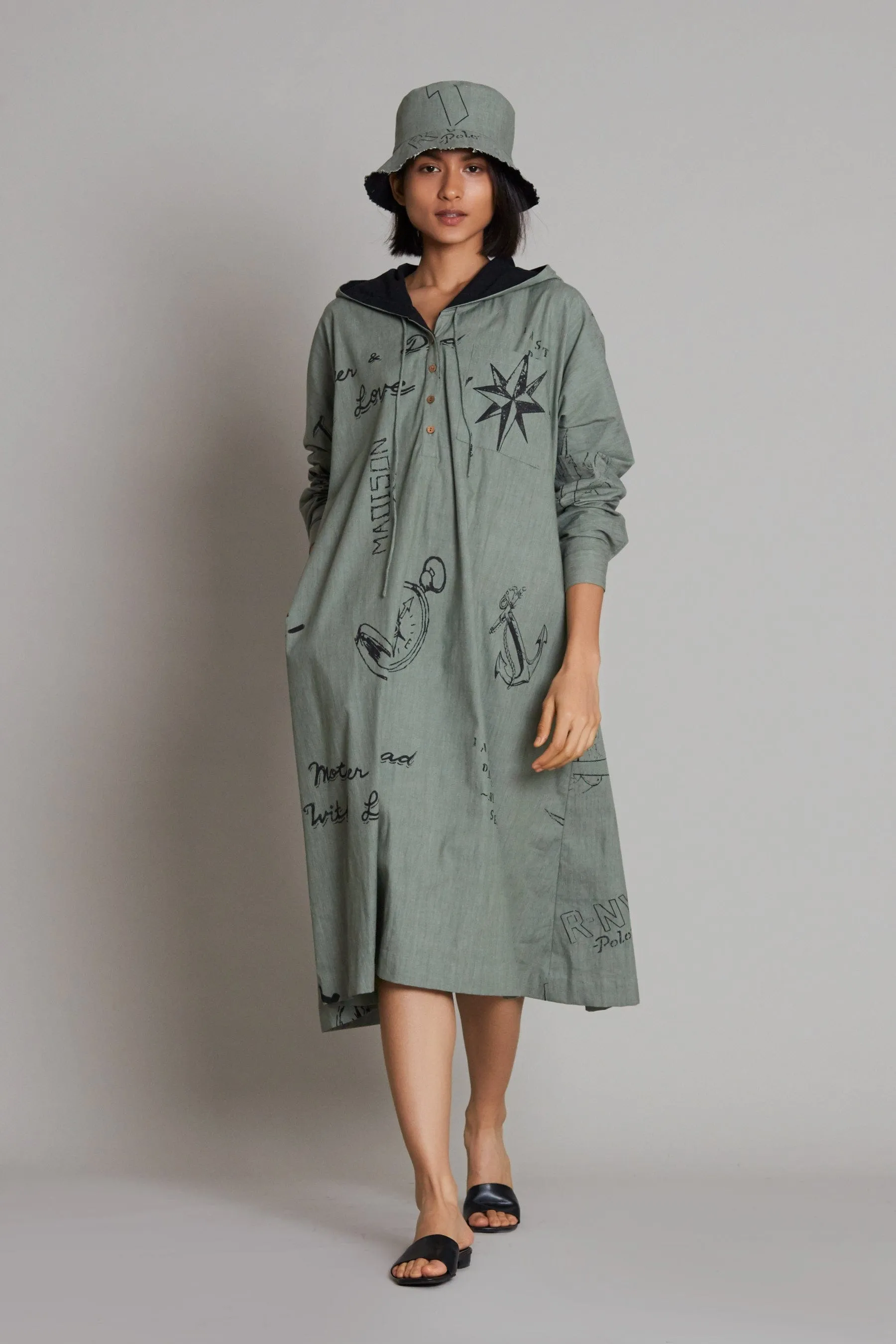 Green Denim Hoodie Dress