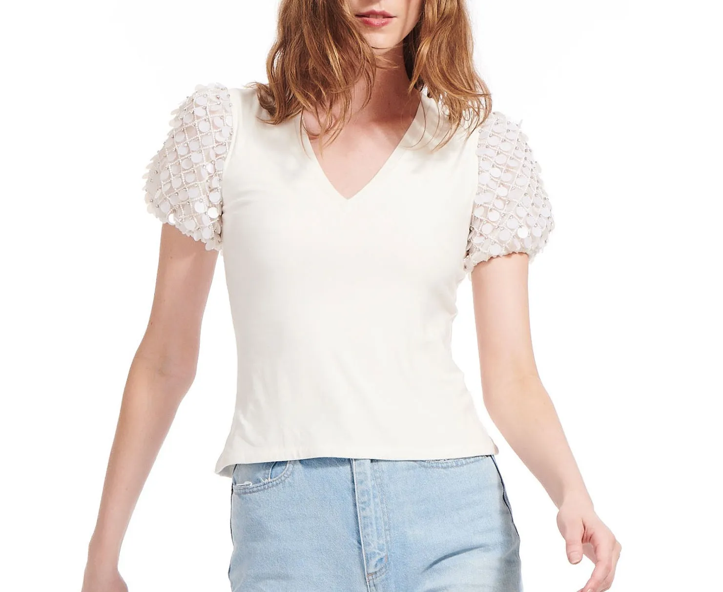 Ivory Novelty Beaded Sleeves T-Shirt