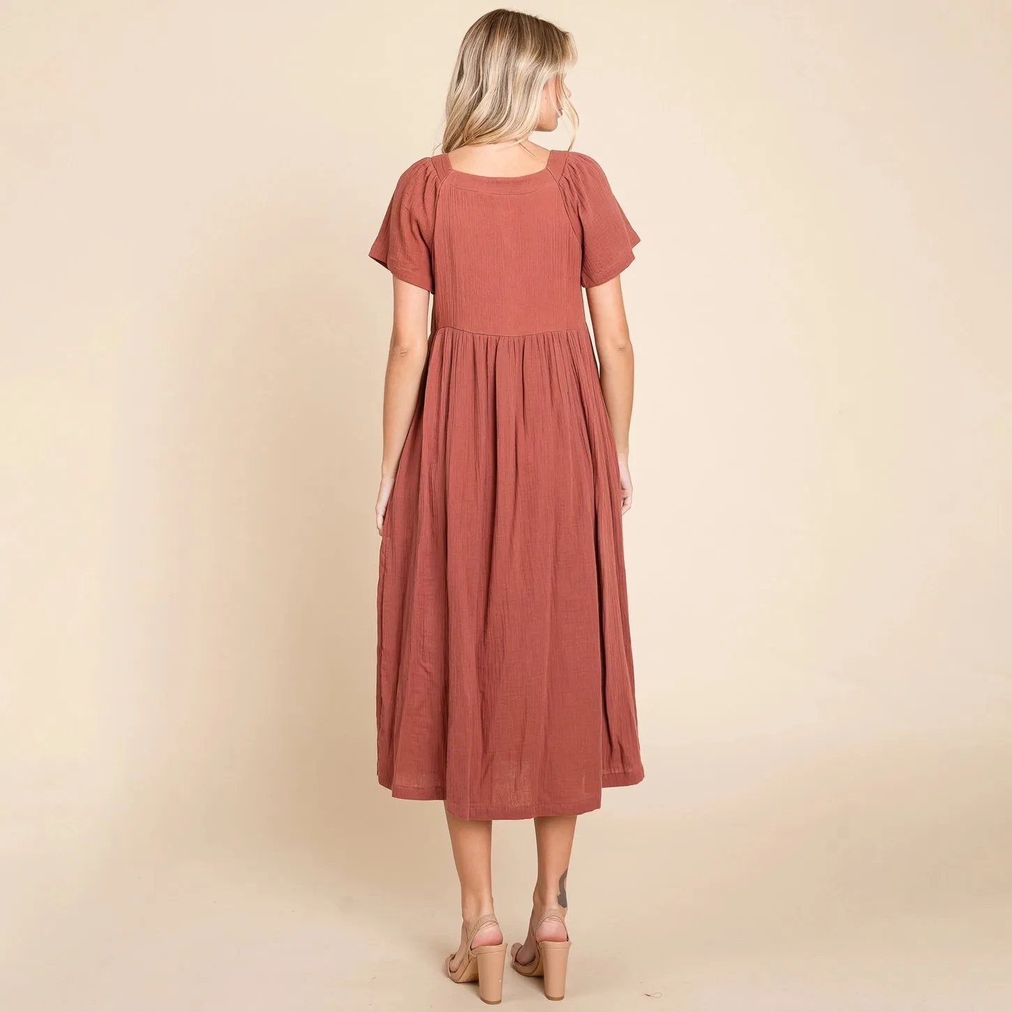 Square Neck Cotton Midi Dress In Astro Rust