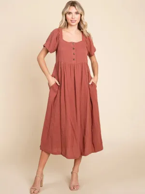 Square Neck Cotton Midi Dress In Astro Rust